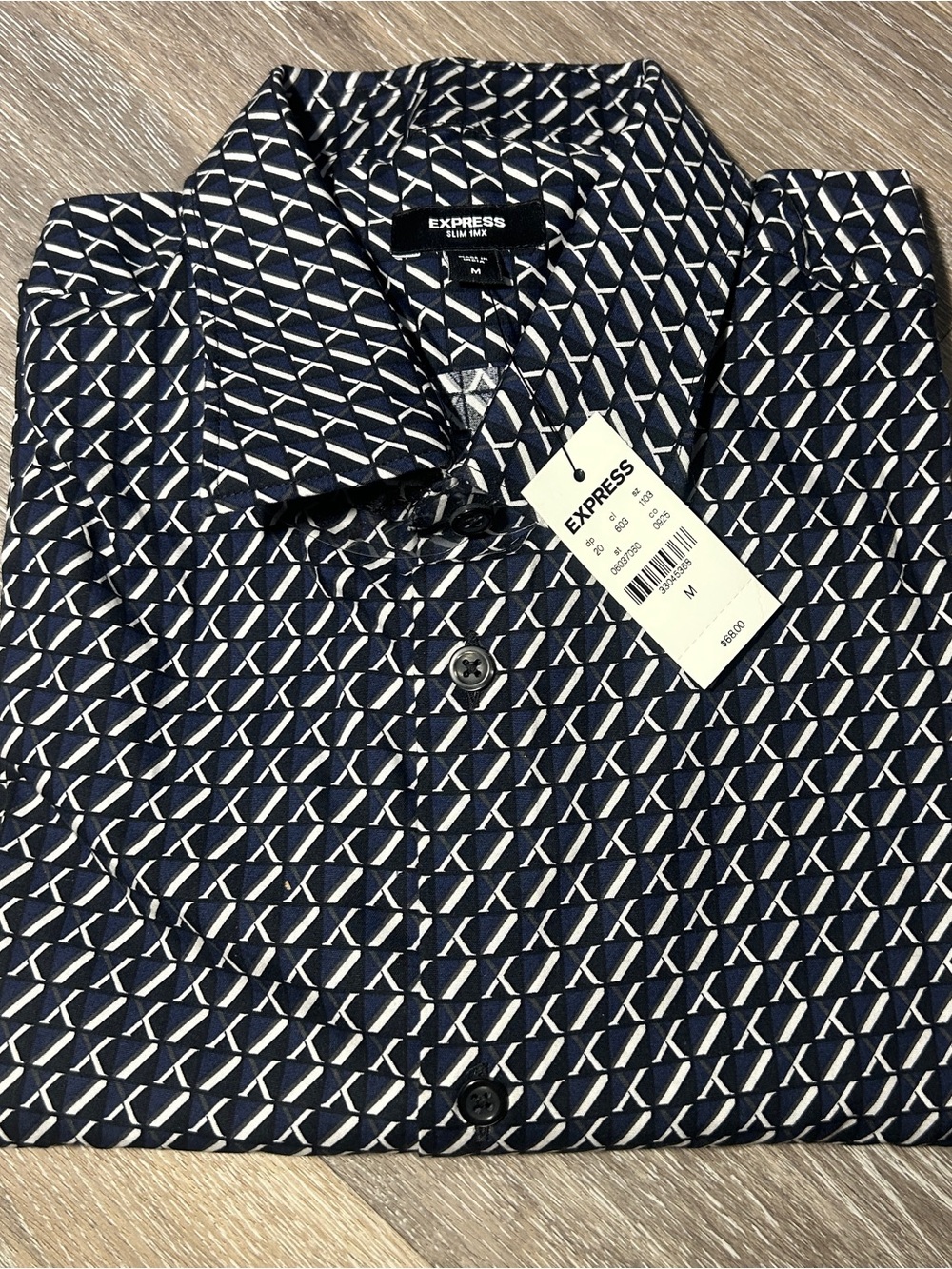 NWT Express Mens Slim 1MX Geometric Dress Shirt Medium Navy Blue Button Down